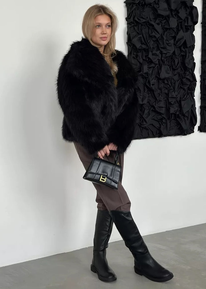 Eco-Fur Lapel Collar Short Jacket