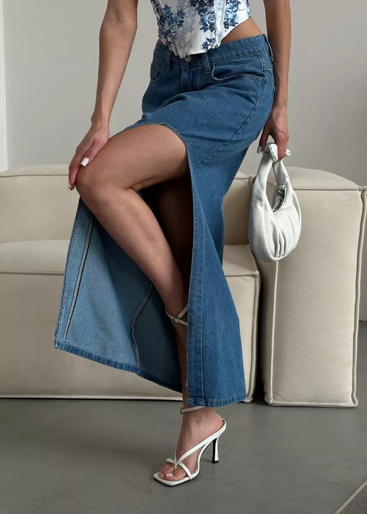 Side Slit Denim Midi Skirt