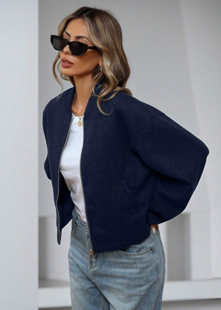 Felted Zip Front Cropped Bomber Jacket