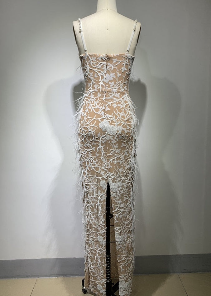Pearl Studded Feather Mesh Maxi Bodycon Dress