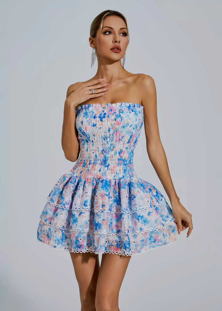 Smocked Bodice Strapless Ruffled Tiered Mini Dress