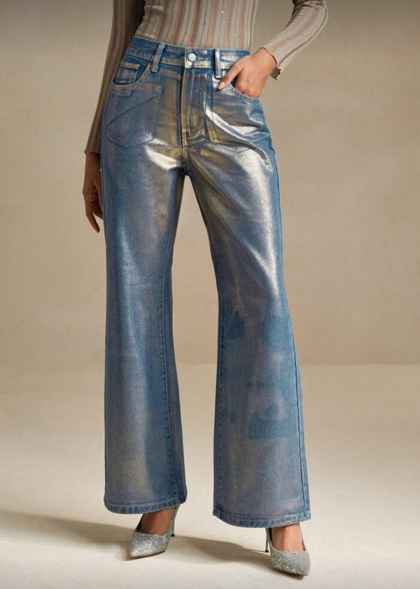 Metallic Finish Flared Leg Denim Jeans