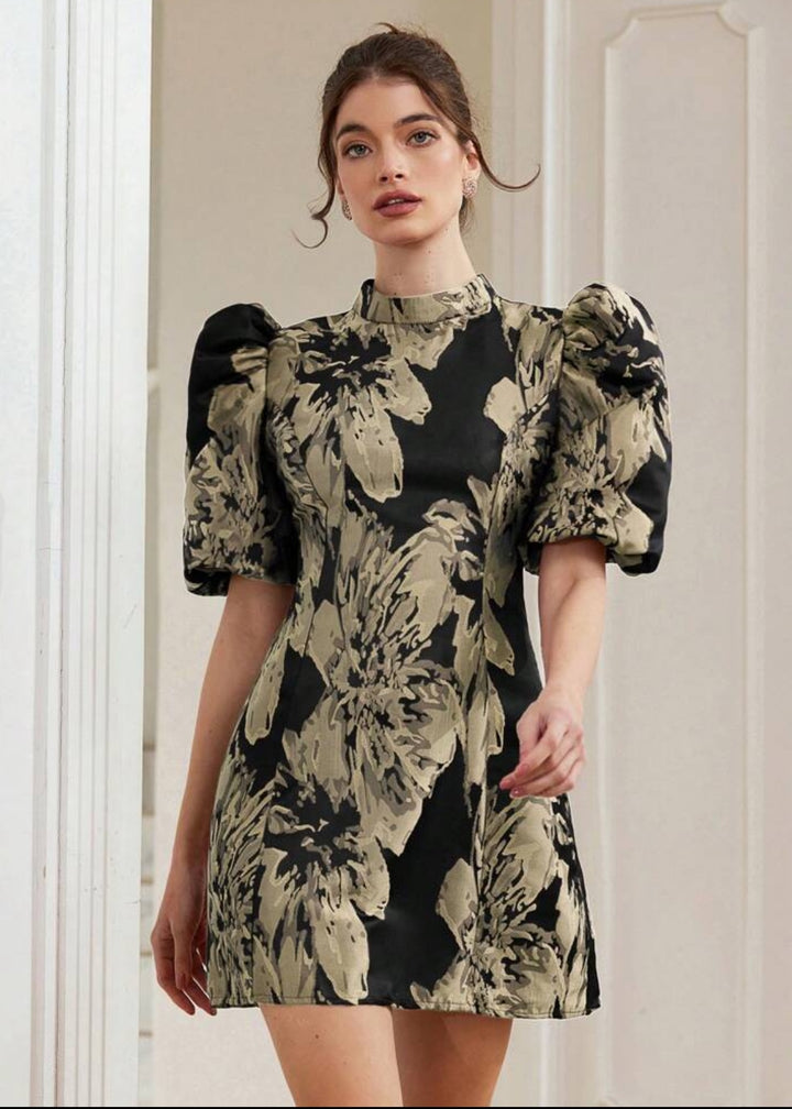 Jacquard Puff Sleeve Mock Neck Dres
