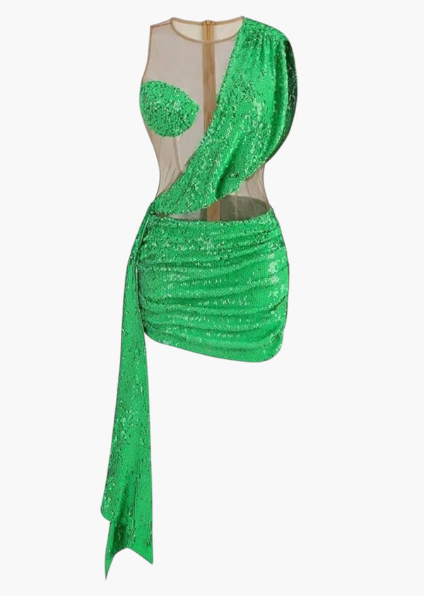 One Shoulder Mesh Insert Sequined Mini Dress