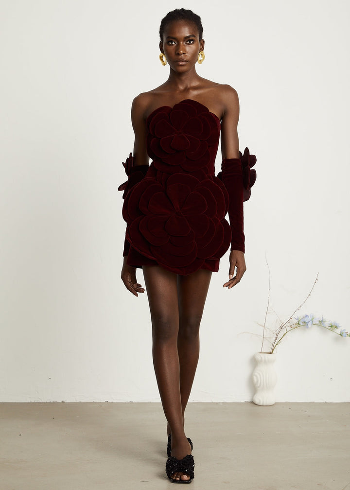 Velvet Floral Bustier Mini Gown with Gloves