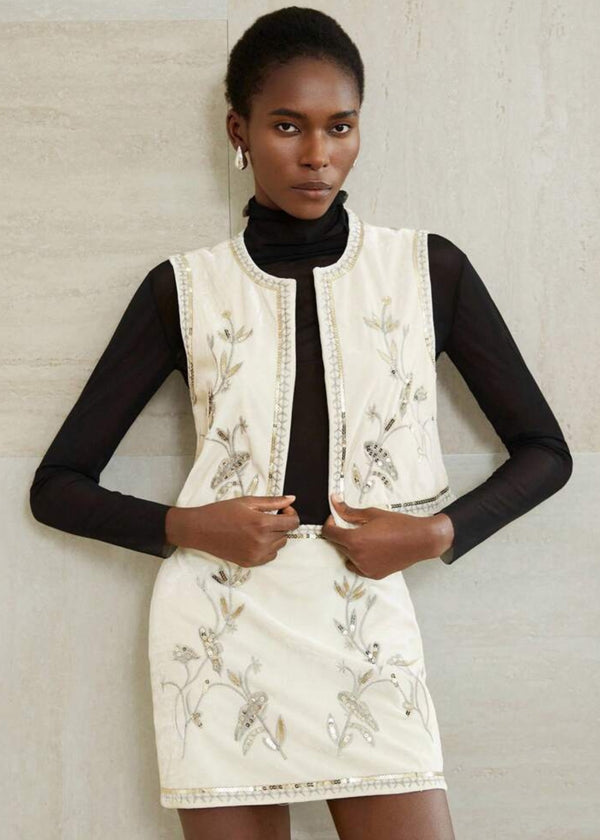 Sequined Floral Embroidered Trim Sleeveless Vest