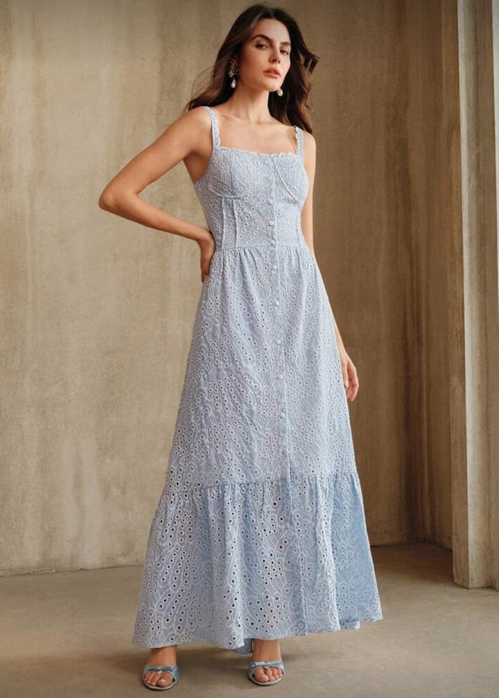 Eyelet Embroidery Button Front Maxi Dress