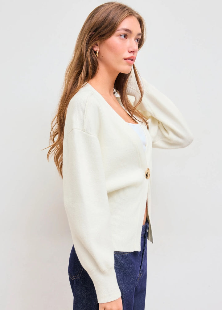V-Neck Gold Button Rib Knit Cardigan