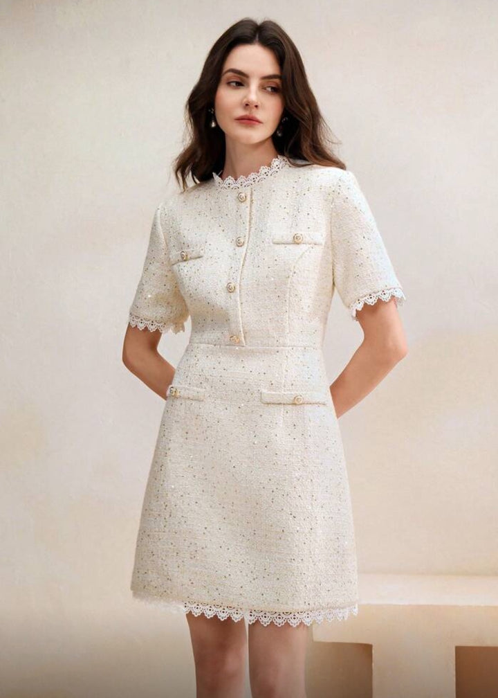 Tweed Button Front Lace Trim Mini Dress