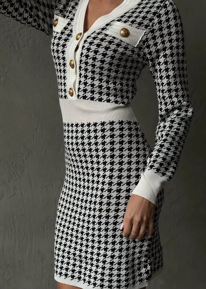 V-Neck Long Sleeve Houndstooth Mini Dress