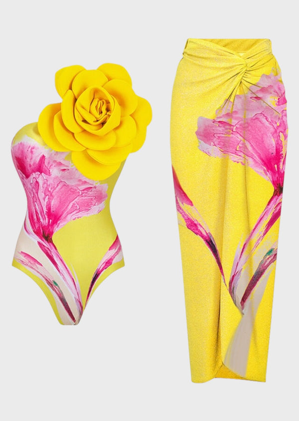 3D Big Flower Decor Floral Print Swimsuit & Cover-Up Wrap Skirt in Yellow