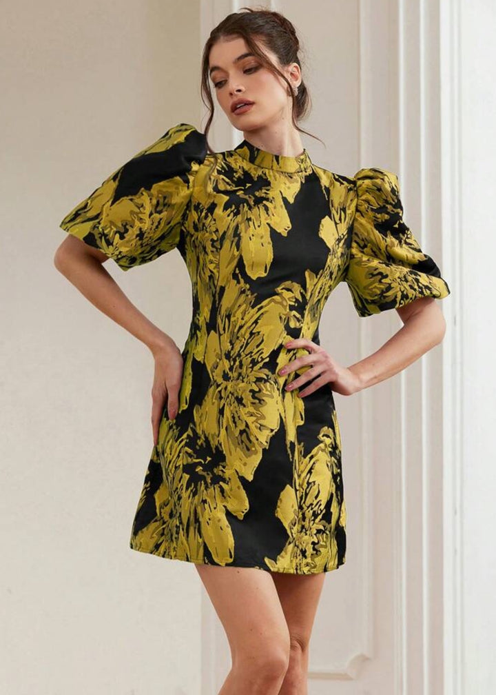 Jacquard Puff Sleeve Mock Neck Dres