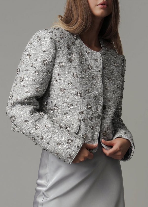 Collarless Sequin Embellished Tweed Jacket
