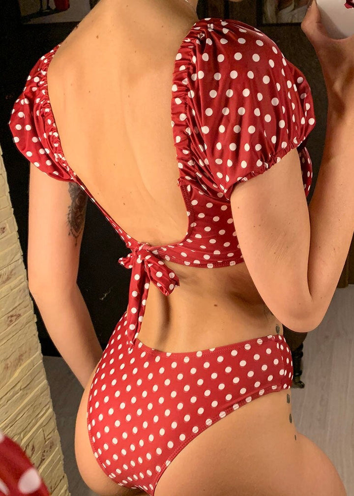Polka Dot Puff Sleeve V-Neck Bikini