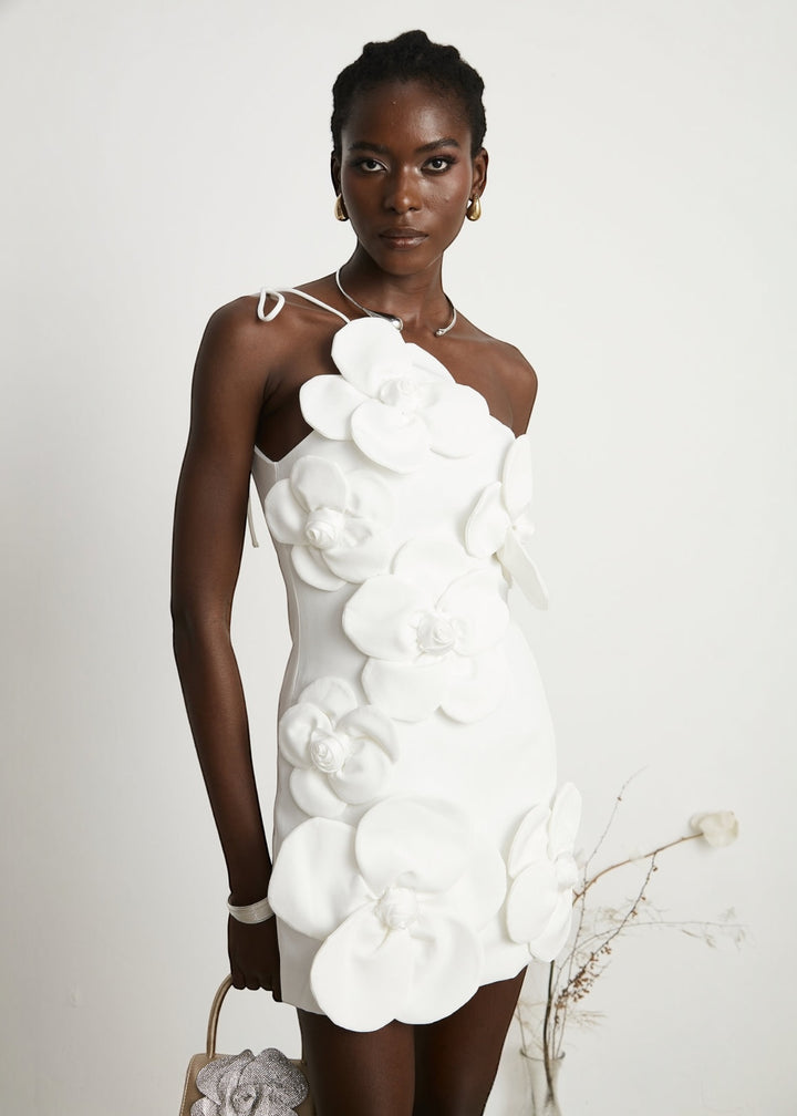 One Shoulder Floral Applique Tie Strap Dress