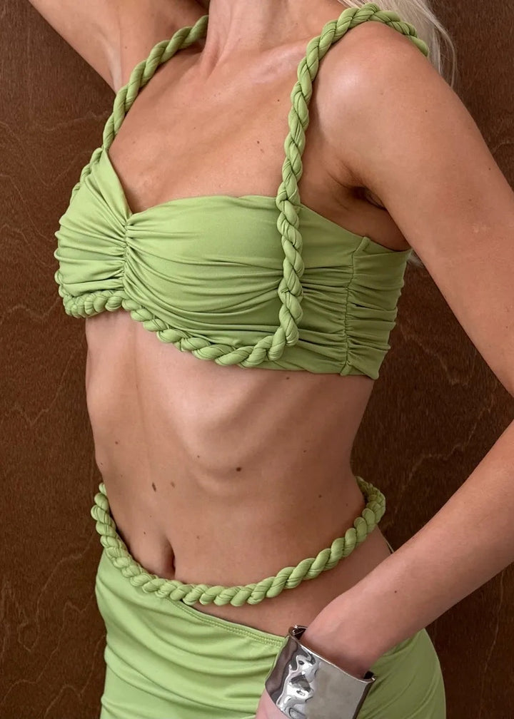 Braid Strap Ruching Bandeau Midriff Cutout Skirt Set