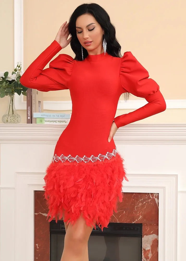 Feather Trim Puff Sleeve Mini Bandage Dress