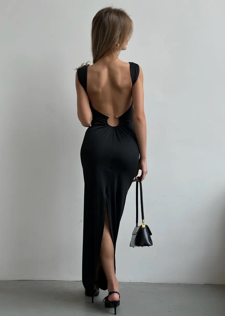 Metal Ring Detail Backless Maxi Dress