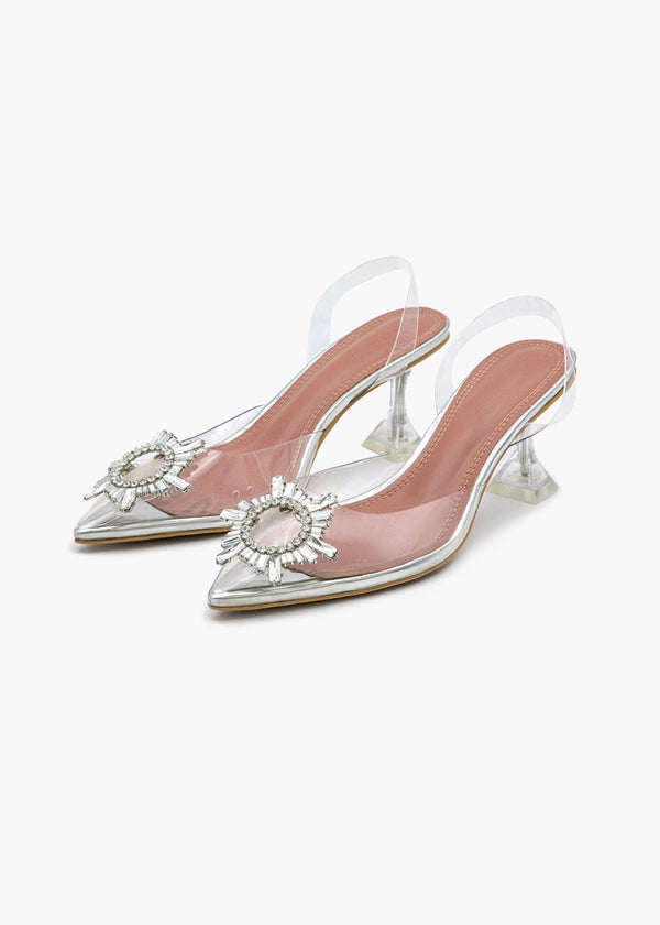 Metal Decor Pointed Toe Heeled Clear Shoes