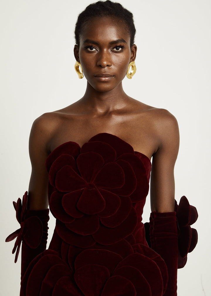 Velvet Floral Bustier Mini Gown with Gloves