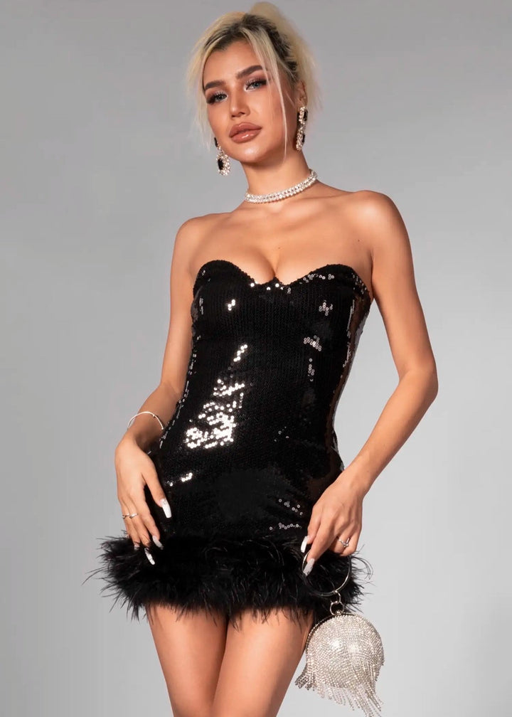 Strapless Feather & Sequins Black Bodycon Dress