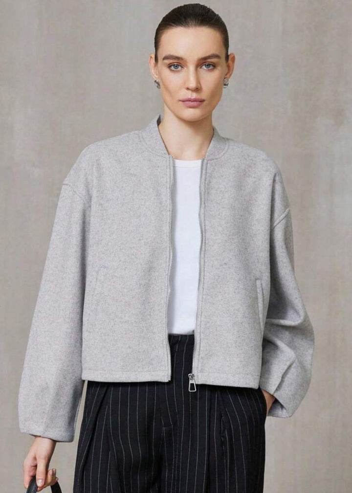 Felted Zip Front Cropped Bomber Jacket