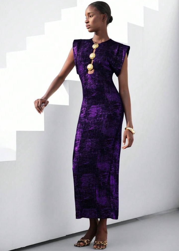 Seashell Button Maxi Shoulder Pad Dress