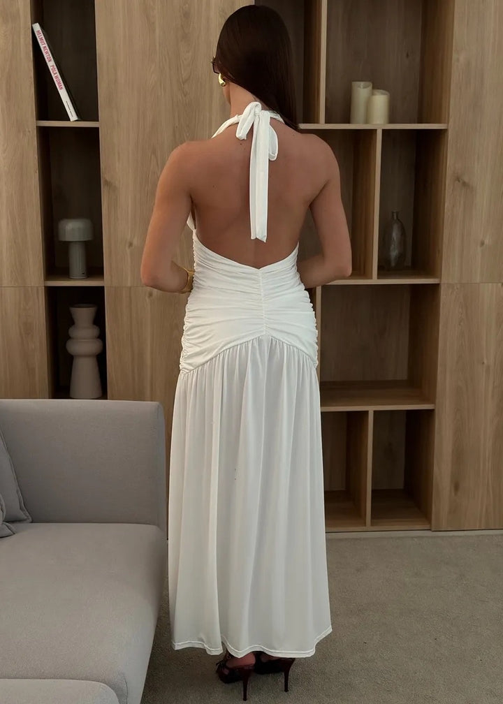 V-Neck Halter Backless Ruched Maxi Dress