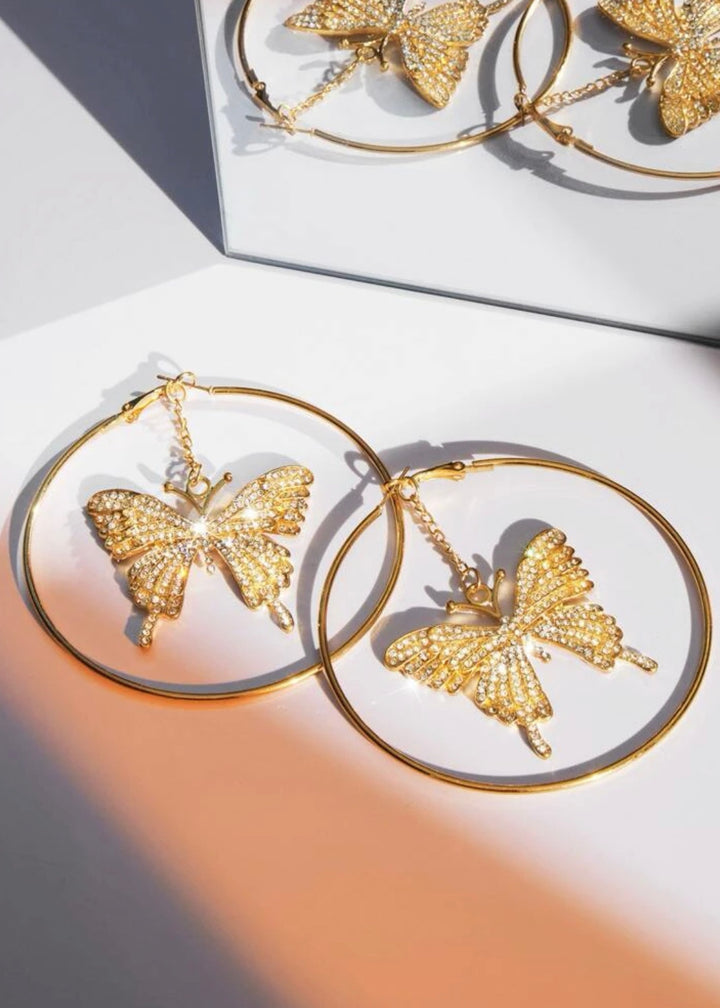 Rhinestone Butterfly Decor Circle Earrings