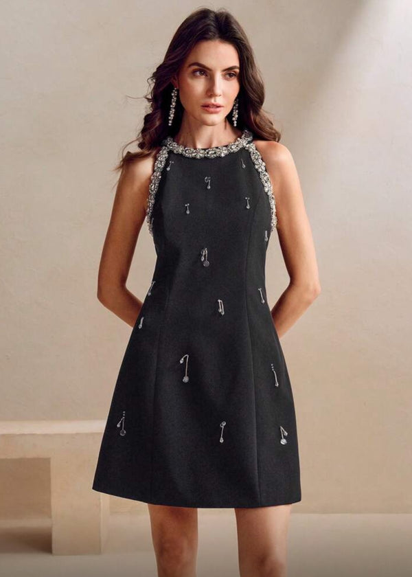 Halterneck Crystal Embellished A-Line Mini Dress