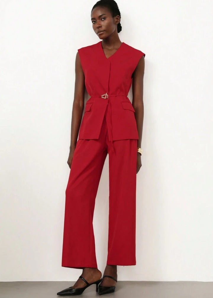 Sleeveless V-Neck Pocket Belted Vest