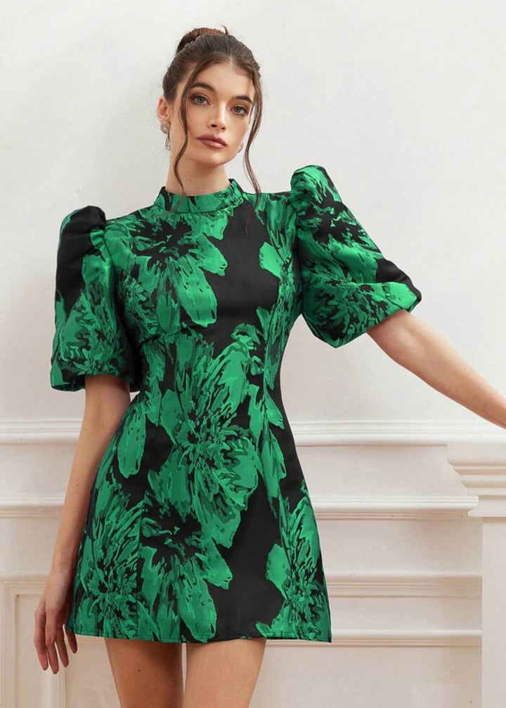 Jacquard Puff Sleeve Mock Neck Dres