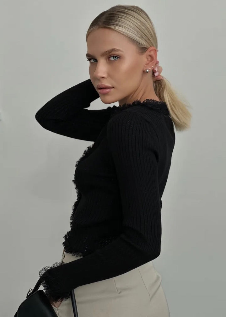 Ruffle Edge Long Sleeve Ribbed Knit Top