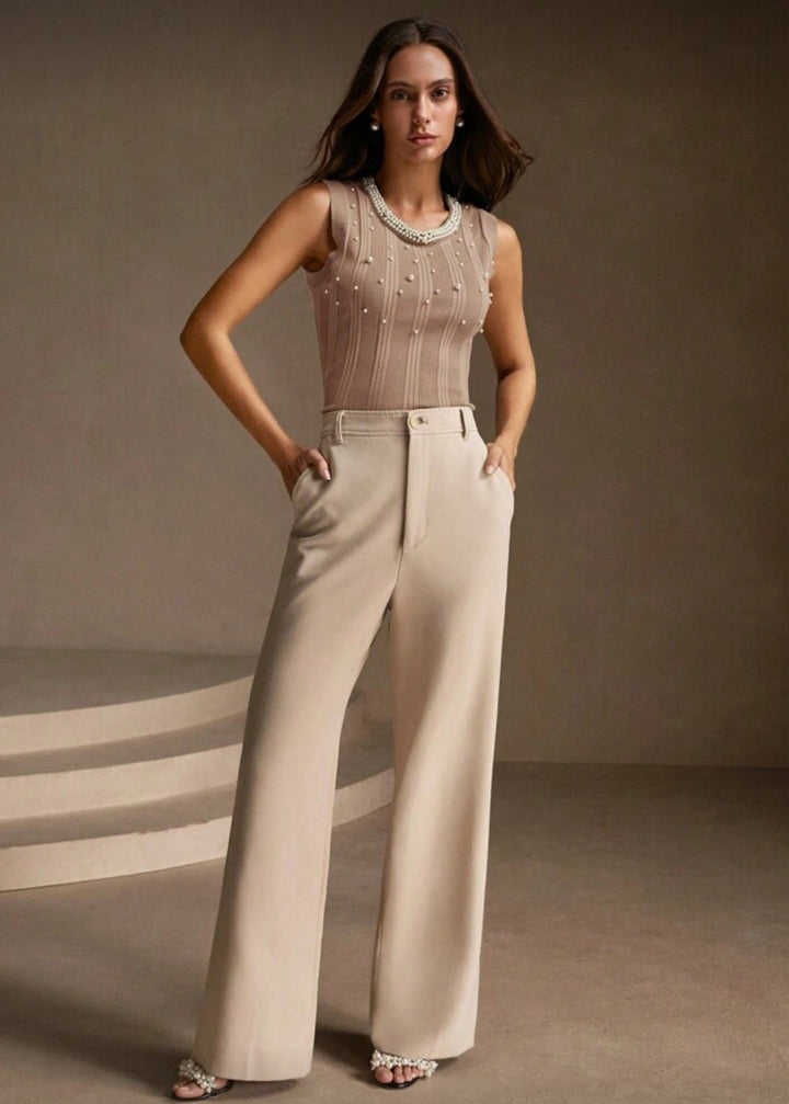 Ribbed Knit Sleeveless Faux Pearl Trim Top