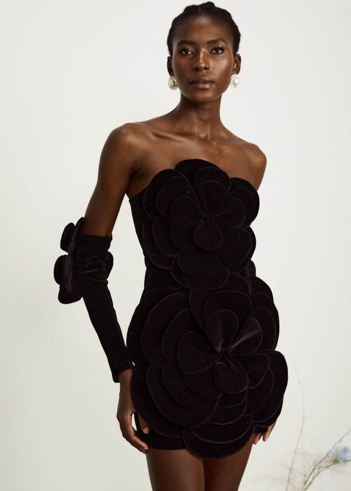 Velvet Floral Bustier Mini Gown with Gloves