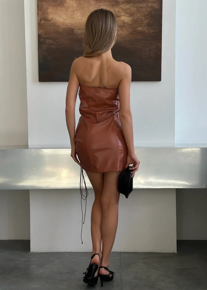 Lace-Up Front Eco-Leather Tube Bodycon Mini Dress