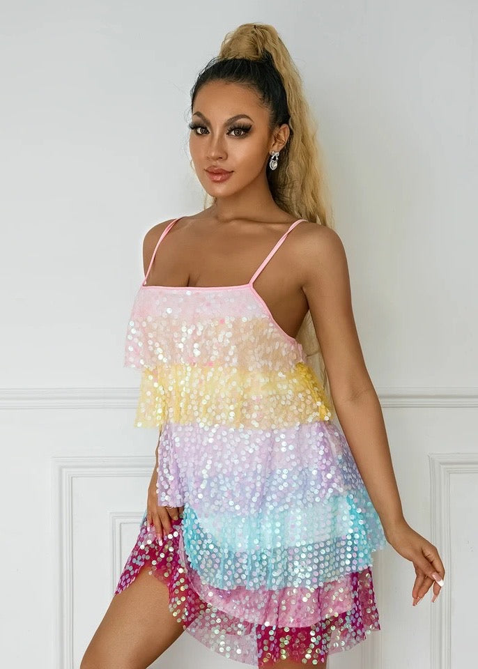 Multicolor Layered Sequin Cami Mini Dress