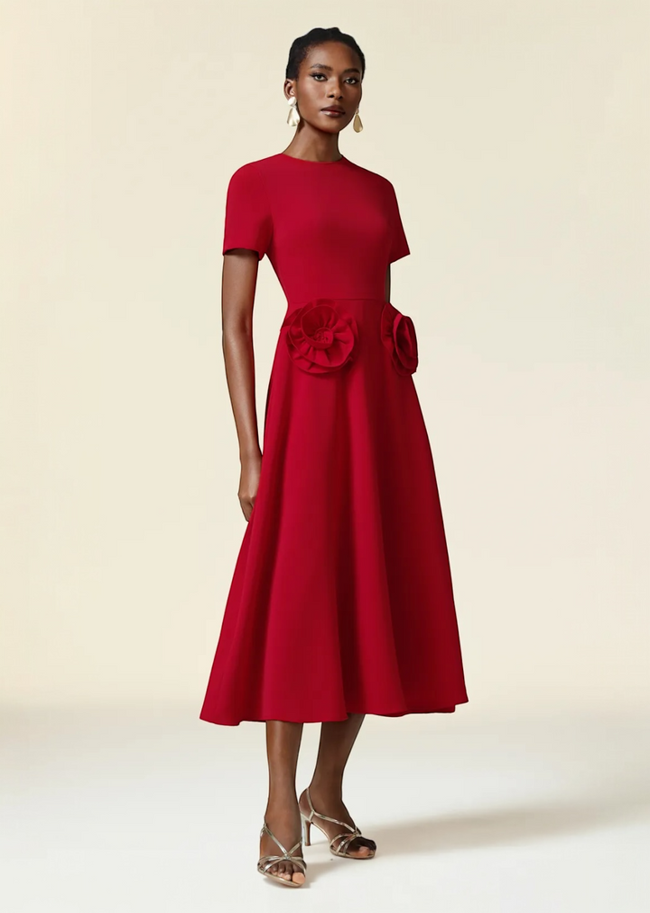 Waist Roses Short Sleeves Flared Skirt Midi Dress