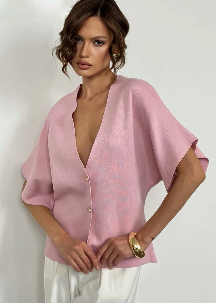 Button-Front V-Neck Loose-Fitting Top