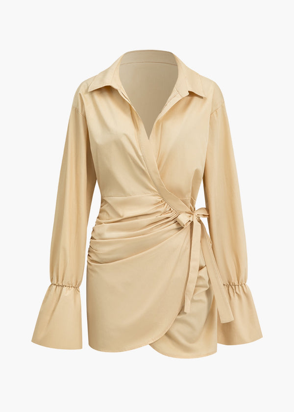 Bell Sleeve Ruched Wrap Mini Dress