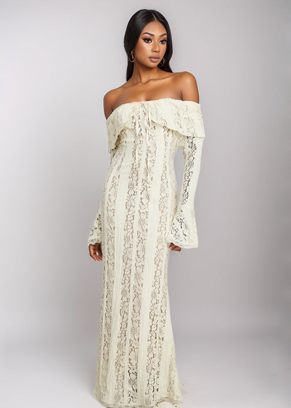 Off-Shoulder Long Sleeve Lace Maxi Dress