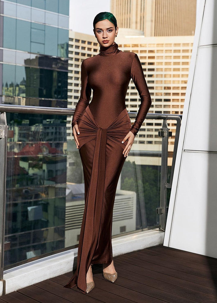 High Neck Long Sleeve Knot Maxi Dress