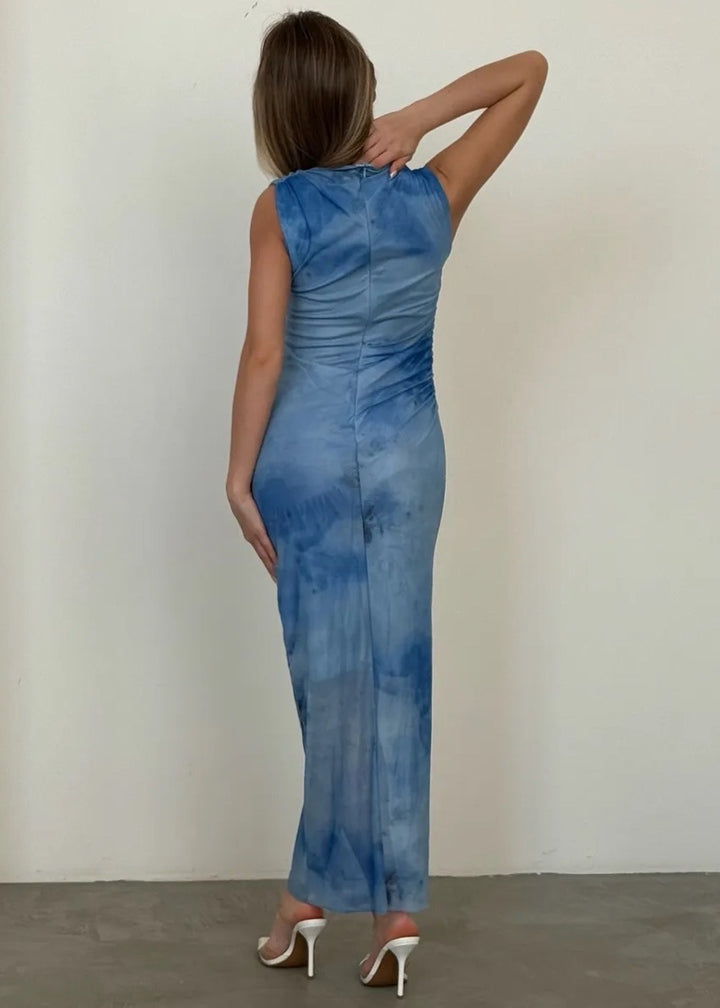 Sleeveless Maxi Dress with Ruched Sides and Tie‑Dye Print