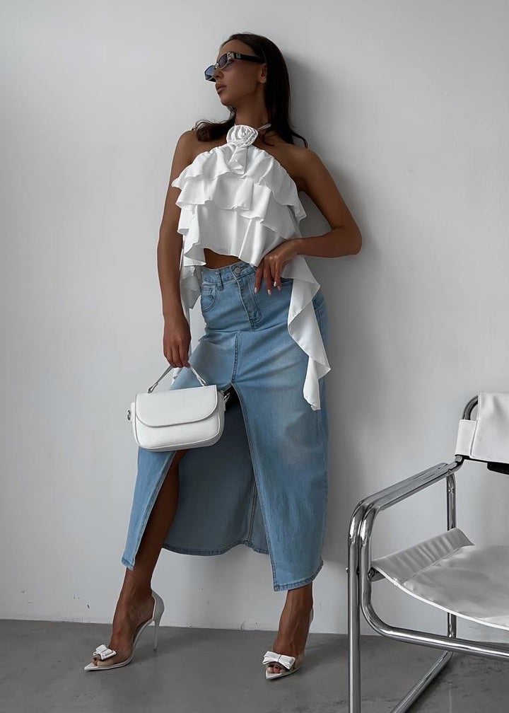 Halter 3D Flower Detail Ruffled Crop Top