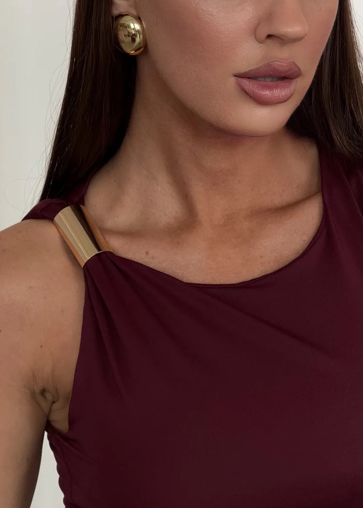 Draped Midi Dress with Gold Accent