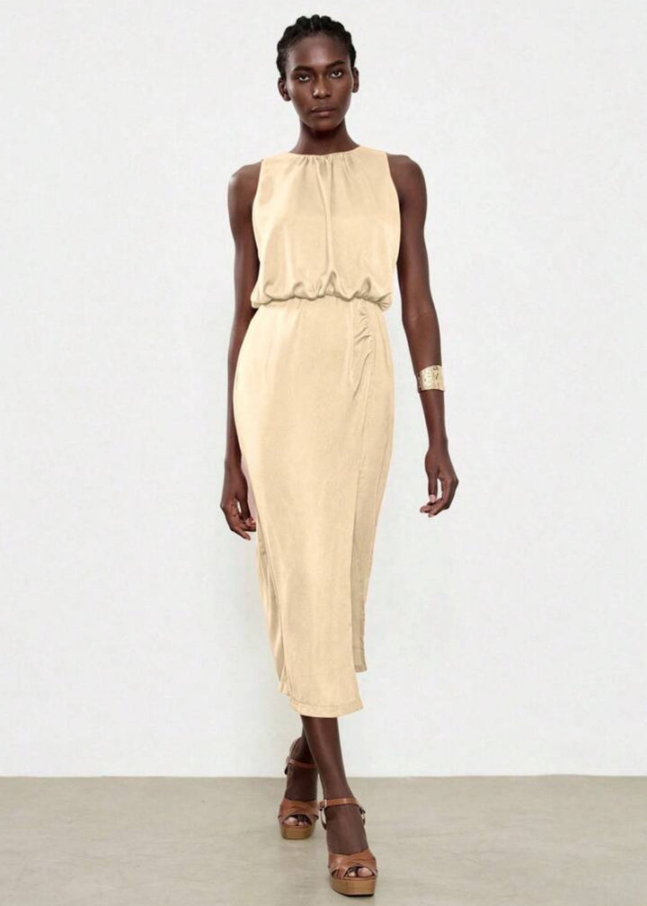 Sleeveless Side Slit Ruched Midi Dress