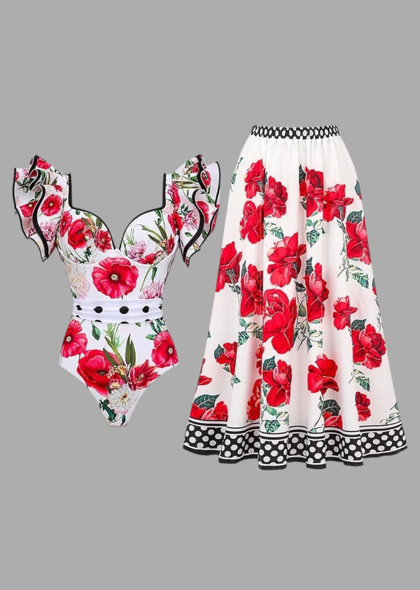 Floral Print Ruffled Sleeve Two-Piece Beach Set