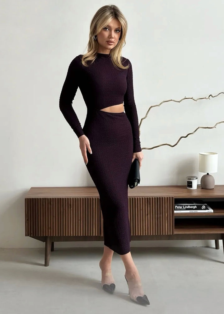 Mock Neck Long Sleeve Cutout Midi Dress