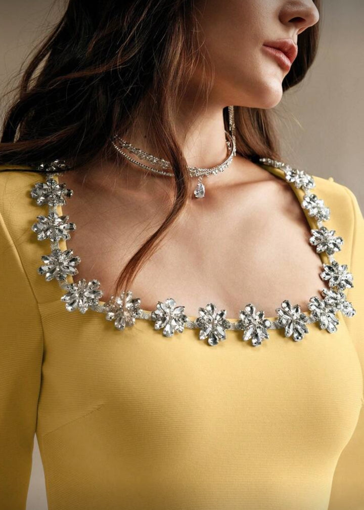 Square Neck Crystal Embellished Long Sleeve Mini Dress