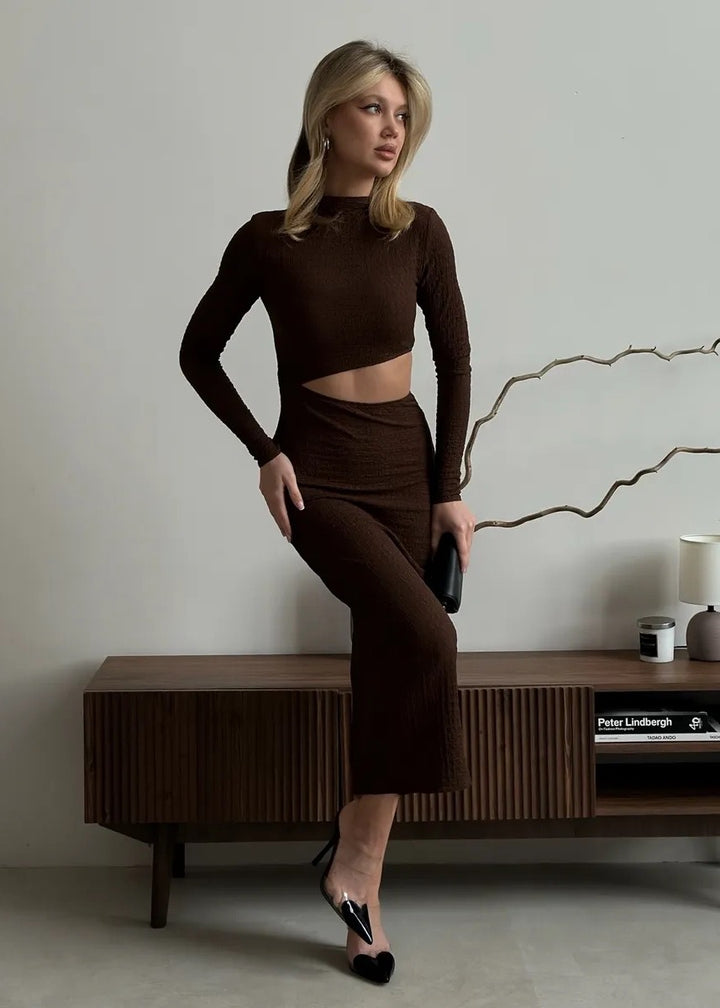 Mock Neck Long Sleeve Cutout Midi Dress